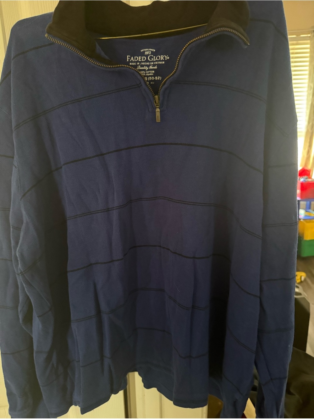 Faded Glory Men’s Navy Blue Quarter-Zip Sweater with Black Stripe Accents